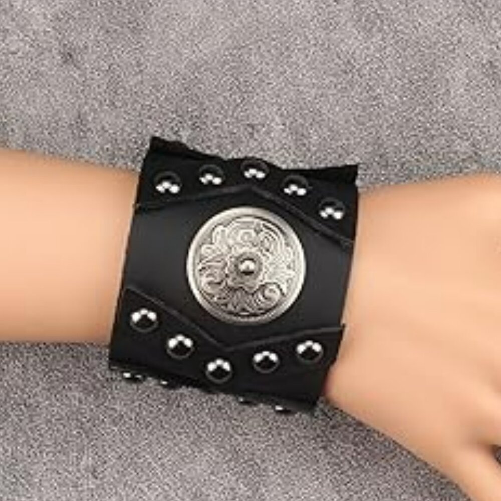 Punk Cuff Bracelet Leather Adjustable Black Wristband Bracelets Arm Goth Gothic